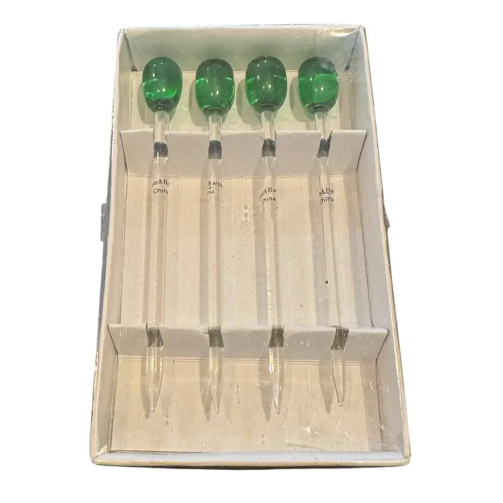 Crate & Barrel Set of 4 Glass Green Olive Cocktail Picks New in Box